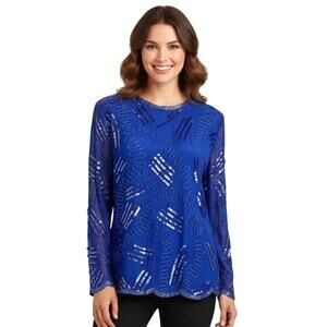 Vintage 100% Silk Beaded Blouse Blue Sheer Sleeve Art to Wear Sequin 80s